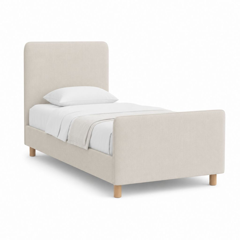 Lit simple rembourré en tissu beige 90 × 200 cm avec tête de lit et pédier, 214 × 99 × 120 cm