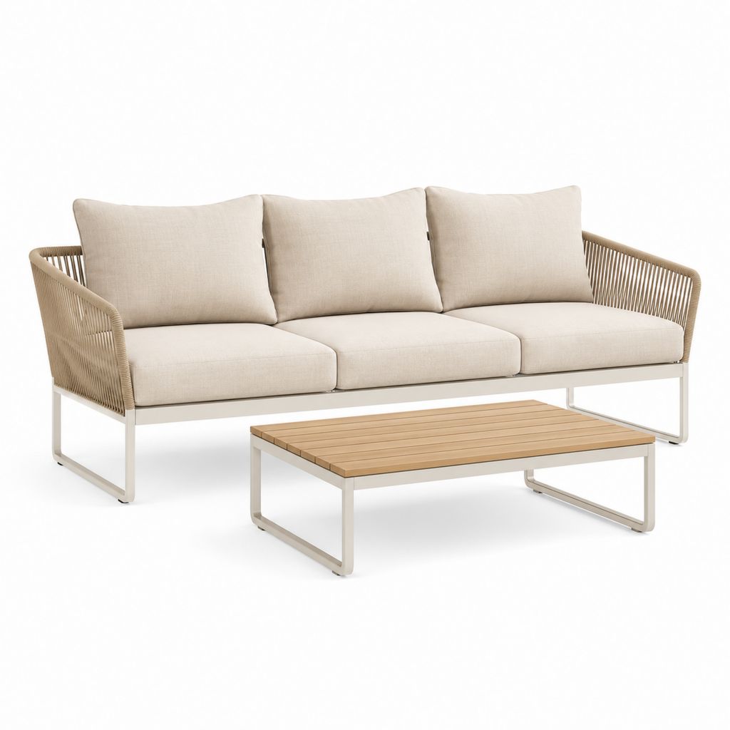 Set de jardin 2 pièces avec canapé à 3 places et table basse rectangulaire en aluminium, corde PP et bois, beige, 207 × 78 × 80 cm et 110 × 60 × 35 cm