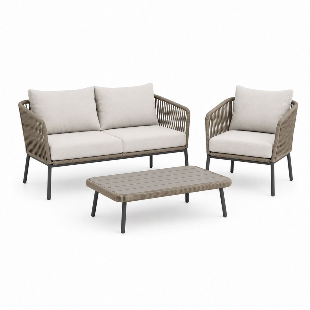 Set salon extérieur 3 pièces en acier et corde PE tourterelle et beige, canapé 140 × 75 × 76 cm, fauteuil 76 × 75 × 76 cm, table basse 100 × 55 × 38 cm