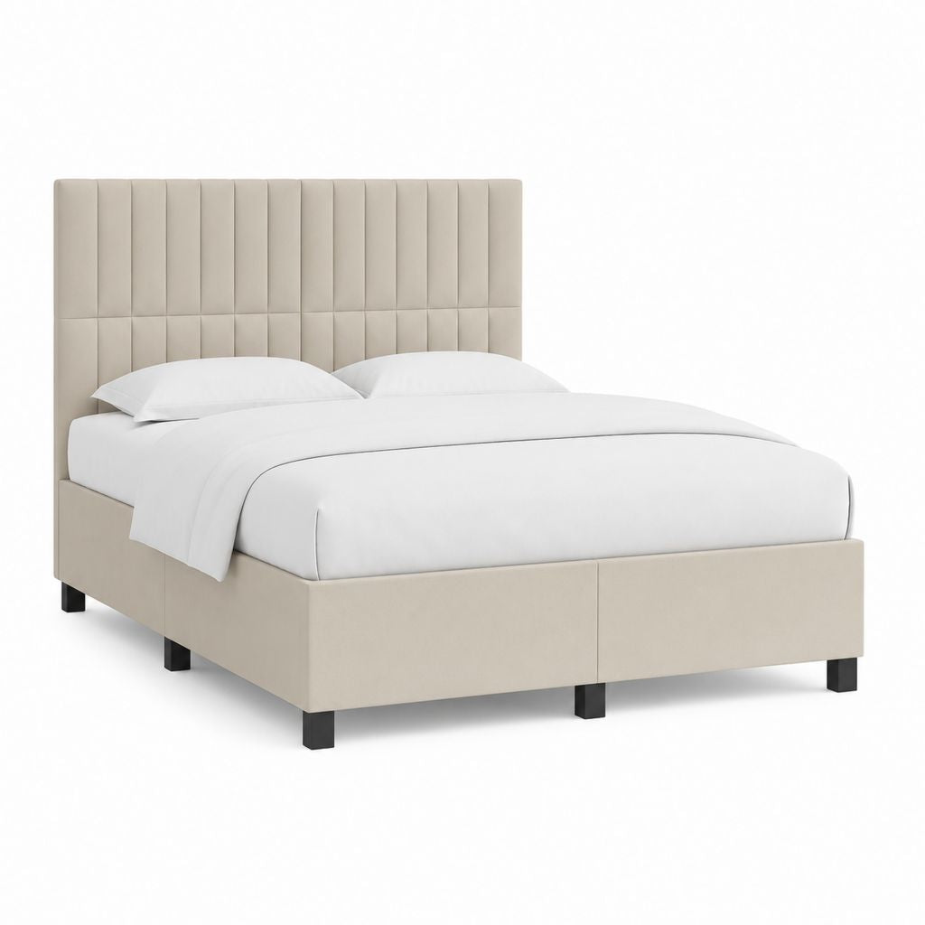Lit double rembourré 160 × 200 cm en tissu de tourterelle avec tête de lit haute à panneaux verticaux