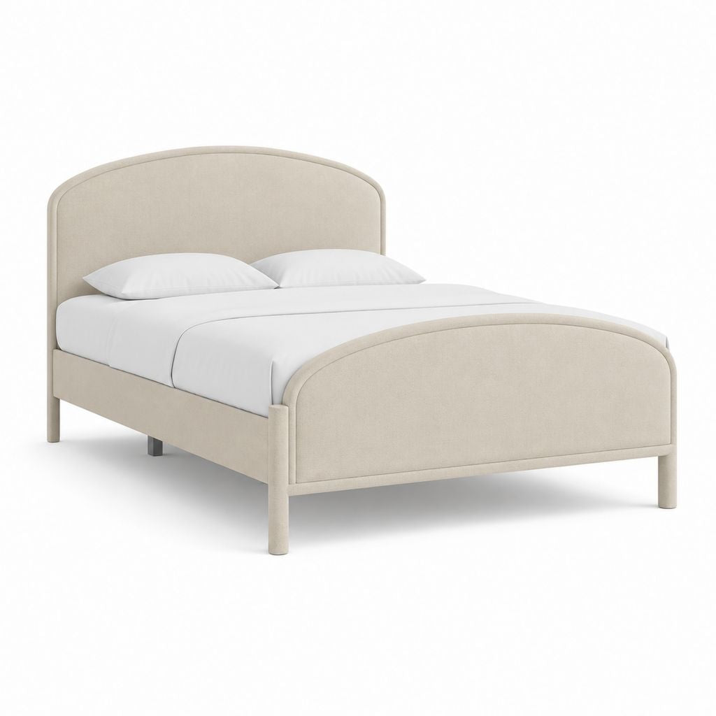 Lit double rembourré en polyester beige avec tête de lit et pédier arqué, pour matelas 160 × 200 cm