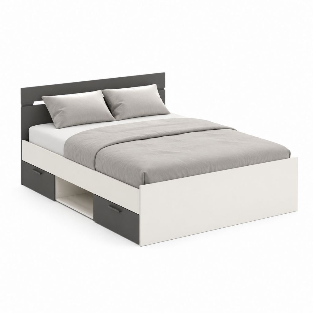 Lit double en melaminico truciolare blanc et anthracite avec 2 tiroirs et compartiment ouvert, pour matelas 160 × 200 cm, 206 × 166 × 100 cm
