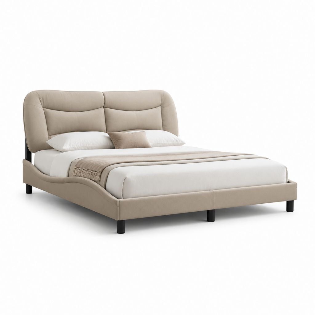 Lit double rembourré en tissu beige et métal noir, 180 × 223 × 115 cm, pour matelas 160 × 200 cm