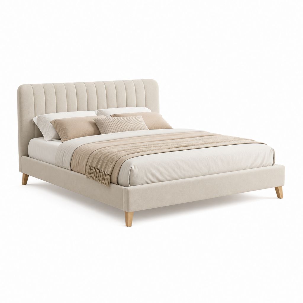 Lit double rembourré en tissu beige clair 175 × 215 × 110 cm, pour matelas 160 × 200 cm, avec tête rainurée et filet à lattes