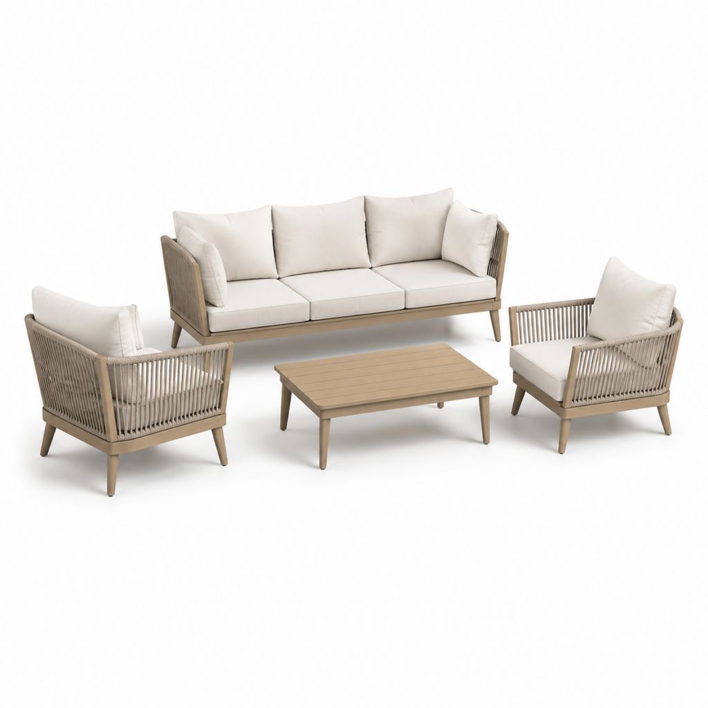 Set salon de jardin 4 pièces en bois et corde beige et crème, canapé 195 × 78 × 78 cm, 2 fauteuils 76 × 78 × 78 cm et table basse 110 × 60 × 40 cm