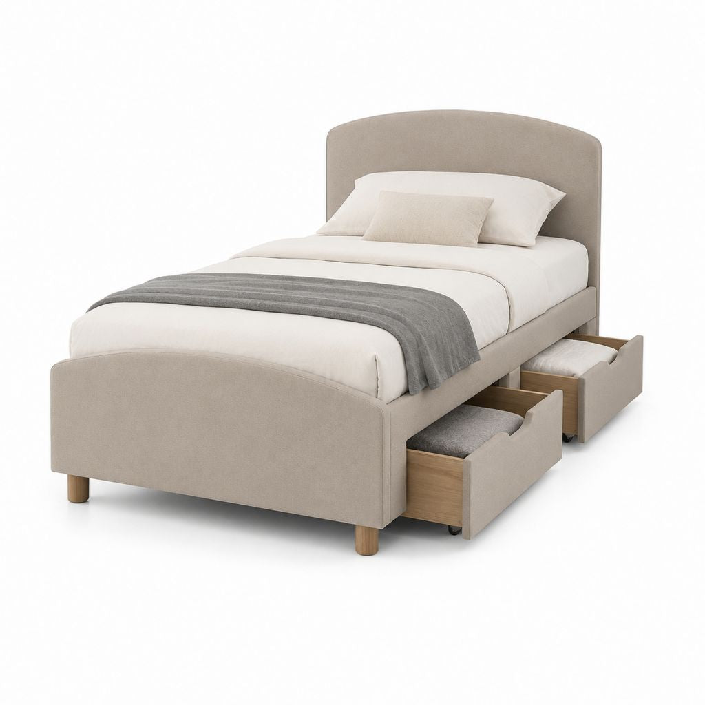 Lit simple conteneur avec 2 tiroirs recouvert de polyester beige tourterelle, 204 × 99 × 110 cm, filet 90 × 190 cm