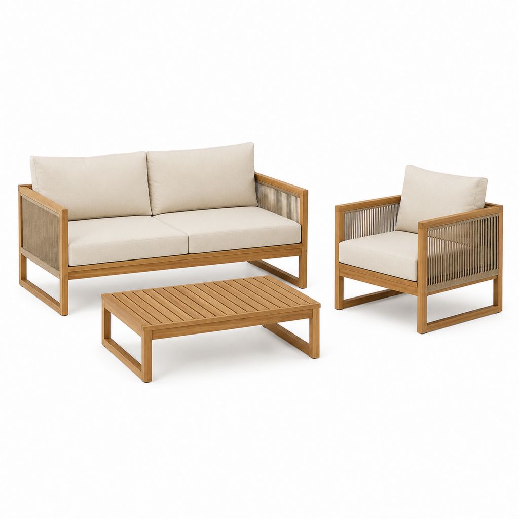 Set salon de jardin 3 pièces en bois d'acacia, beige et tourterelle, canapé 140 × 70 × 75 cm, fauteuil 70 × 70 × 75 cm et table basse 90 × 50 × 35 cm