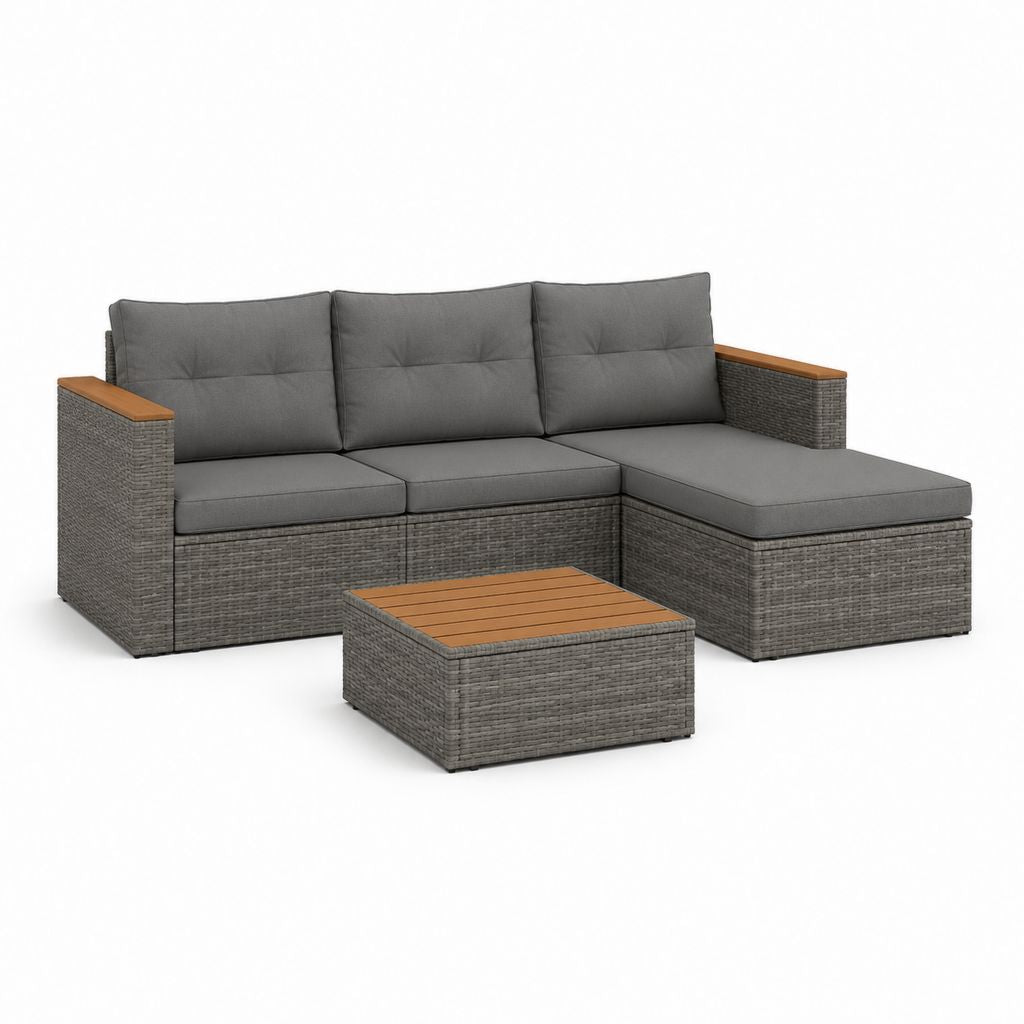Set de jardin 2 pièces en résine tressée PE et acier gris avec canapé angulaire L 228 × 146 × 85 cm et table basse 70 × 60 × 33 cm