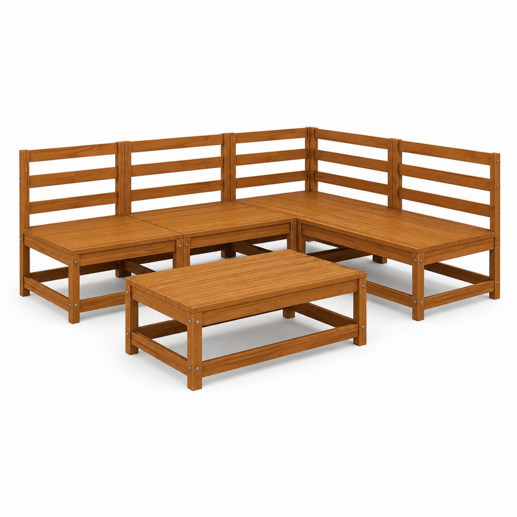 Ensemble de canapé angulaire extérieur en bois, 5 pièces, marron miel, 190,5 × 127 × 62,5 cm