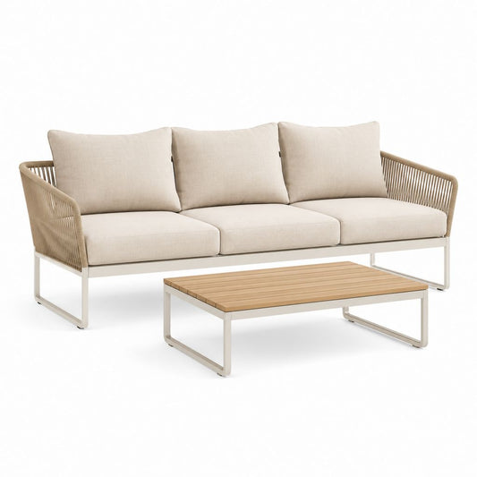 Set de jardin 2 pièces avec canapé à 3 places et table basse rectangulaire en aluminium, corde PP et bois, beige, 207 × 78 × 80 cm et 110 × 60 × 35 cm