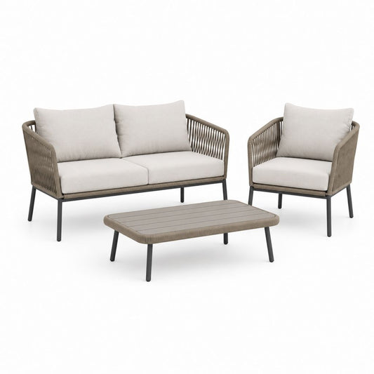 Set salon extérieur 3 pièces en acier et corde PE tourterelle et beige, canapé 140 × 75 × 76 cm, fauteuil 76 × 75 × 76 cm, table basse 100 × 55 × 38 cm