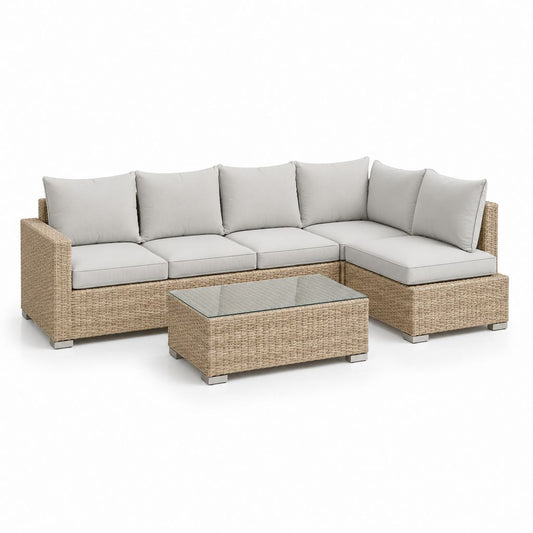 Salon angulaire d'extérieur à 5 places, 3 pièces, en résine tressée PE beige avec coussins gris clair et table basse en verre, 250 × 150 × 72 cm