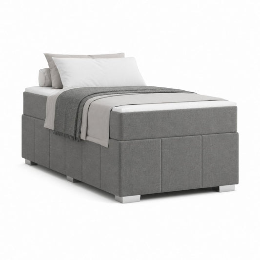 Lit continental unique 90 × 200 cm en tissu gris avec matelas à ressorts ensachés et topper