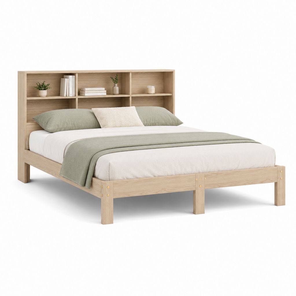 Lit double 168 × 218 × 150 cm pour matelas 160 × 200 cm avec tête de bibliothèque en pin massif et panneaux mélaminiques, chêne clair