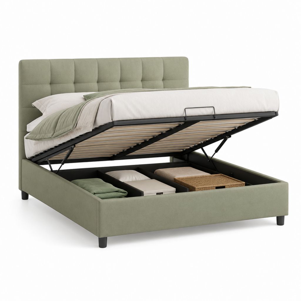 Lit double rembourré avec récipient et structure en acier, matelas 160 × 200 cm, dimensions 218 × 172 × 110 cm, vert sauge