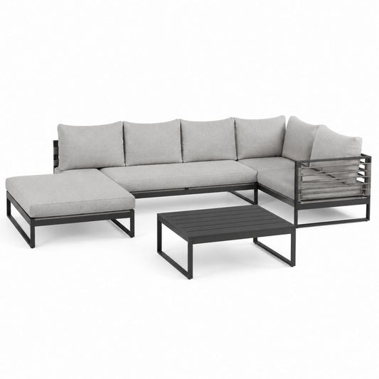 Ensemble de canapé d'angle extérieur 4 pièces en aluminium avec coussins gris clair, 300 × 220 × 75 cm