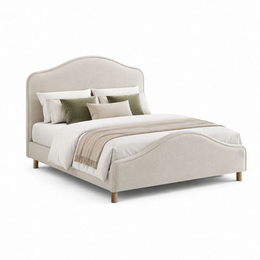Lit double rembourré beige avec filet à lattes, tête de lit et pédier façonné, pour matelas 160 × 200 cm