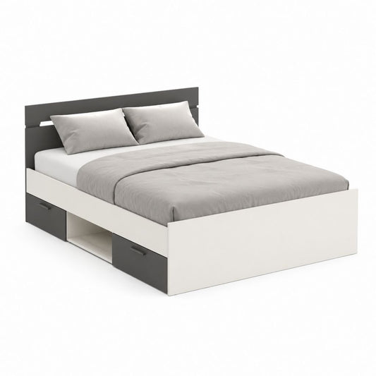 Lit double en melaminico truciolare blanc et anthracite avec 2 tiroirs et compartiment ouvert, pour matelas 160 × 200 cm, 206 × 166 × 100 cm