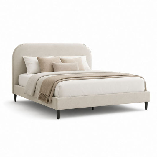 Lit double rembourré beige en tissu, 218 × 172 × 110 cm, surface matelas 160 × 200 cm, tête de lit arrondie et filet à lattes