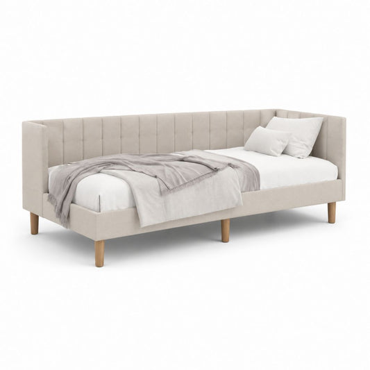 Lit simple rembourré beige avec dossier angulaire, 90 × 200 cm, en polyester et bois massif