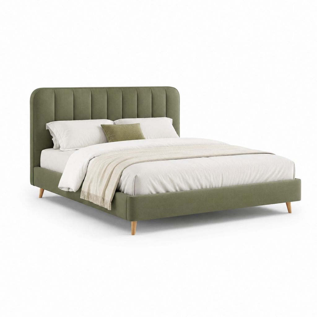 Lit double rembourré en velours de polyester vert olive 160 × 200 cm, dimensions 220 × 172 × 112 cm, avec tête de lit et filet à lattes