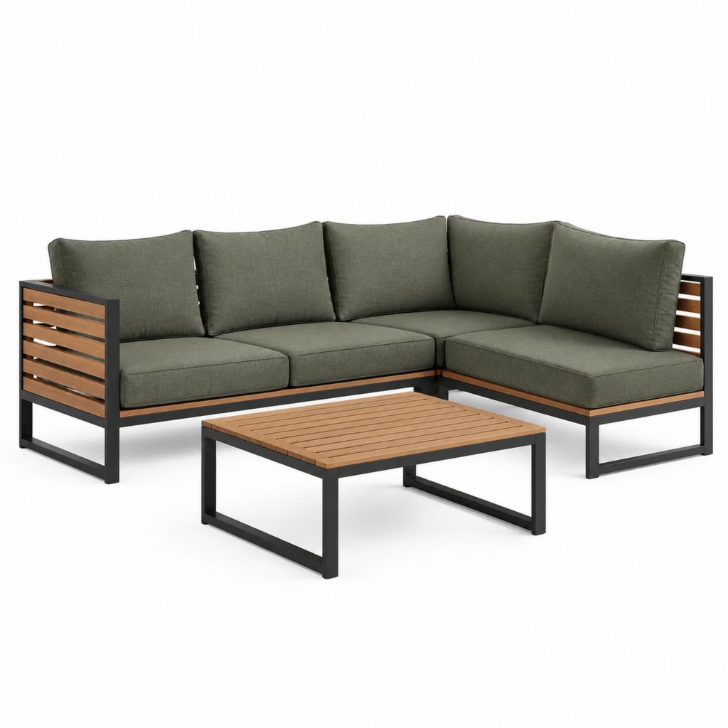 Salon de jardin 3 pièces avec canapé angulaire en L à 4 places et table basse carrée en acier et bois, vert olive, 210 × 140 × 65 cm