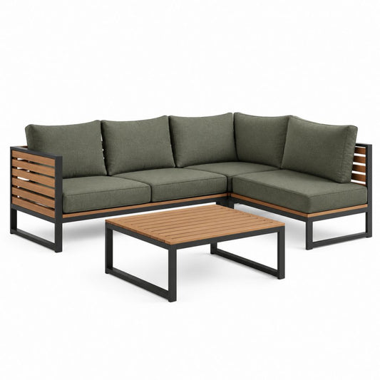 Salon de jardin 3 pièces avec canapé angulaire en L à 4 places et table basse carrée en acier et bois, vert olive, 210 × 140 × 65 cm