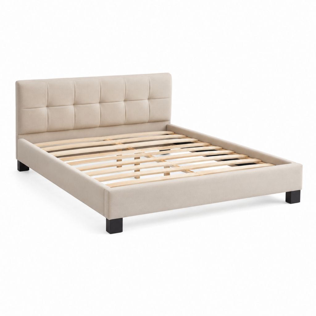 Lit double rembourré beige 160 × 200 cm en polyester, 213 × 169 × 105 cm, avec tête à carreaux et filet à lattes