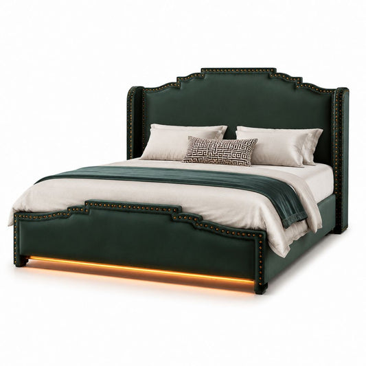 Lit double rembourré 160 × 200 cm en velours vert foncé avec tête de lit ailée, clous et éclairage LED