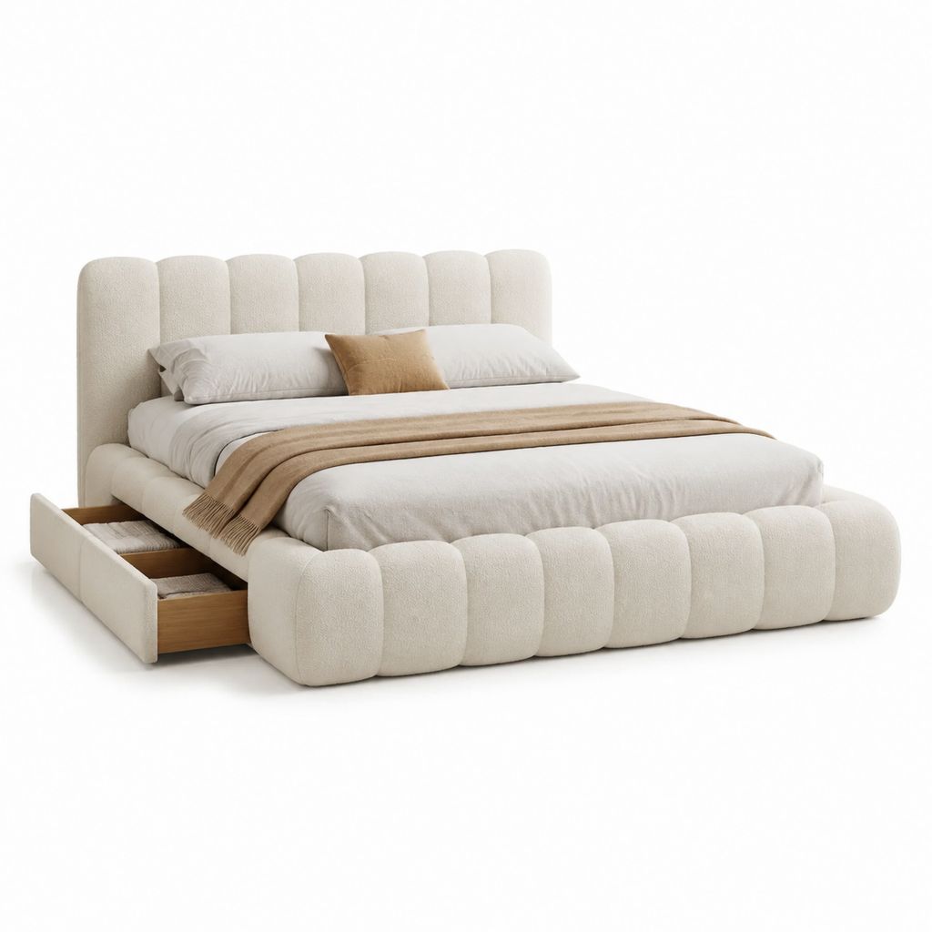 Lit double avec tiroir de rangement, revêtement en mousse de polyester ivoire, 195 × 235 × 120 cm, matelas 160 × 200 cm