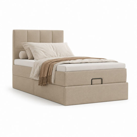 Lit de rangement rembourré en tissu beige 140 × 190 cm avec tête rectangulaire