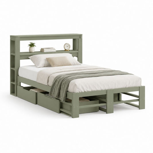 Lit double en bois 140 × 190 cm, dimensions 206 × 152 × 122 cm, avec tête de bibliothèque et 4 tiroirs, vert sauge
