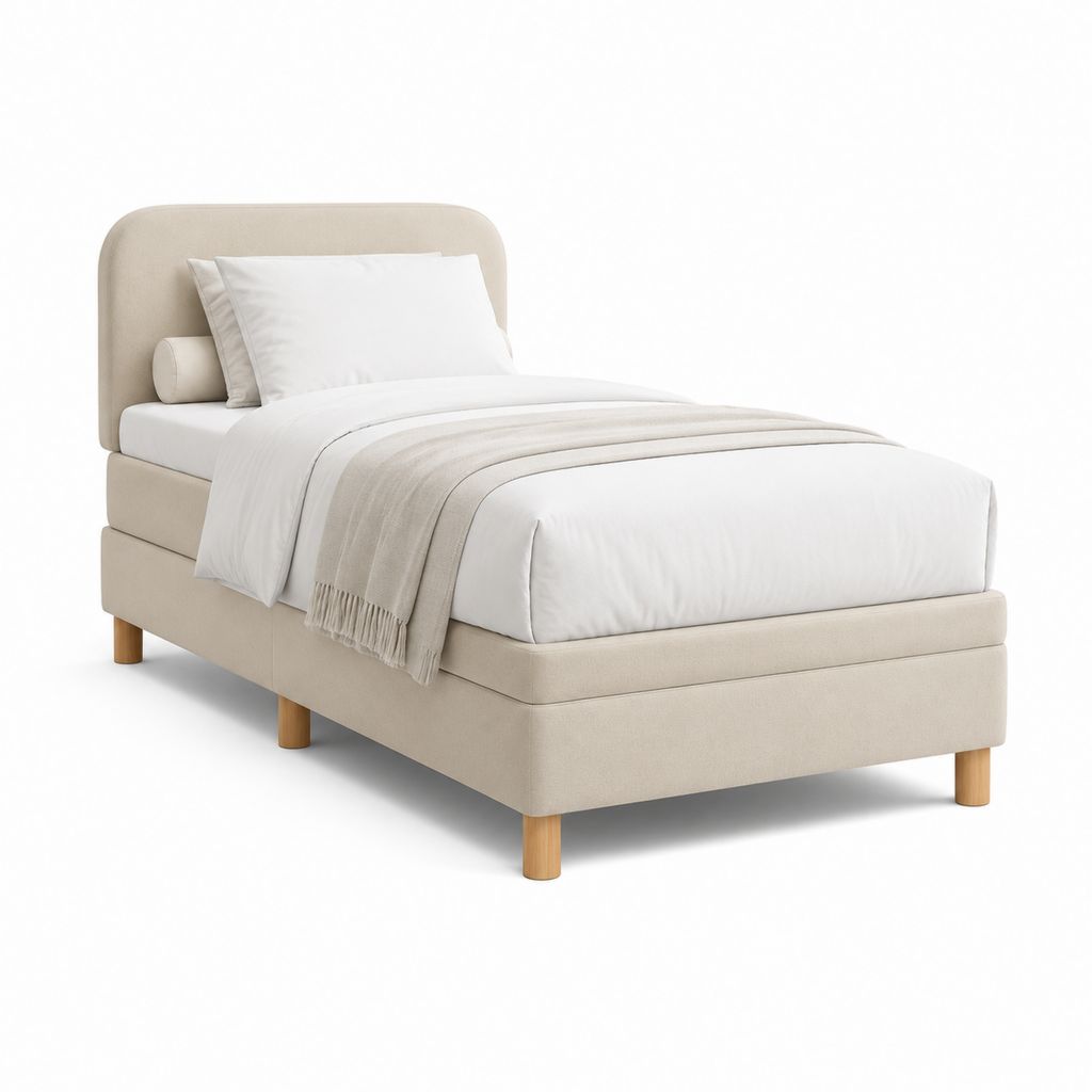 Lit simple rembourré en polyester beige avec tête rectangulaire, 105 × 214 × 105 cm, pour matelas 90 × 200 cm