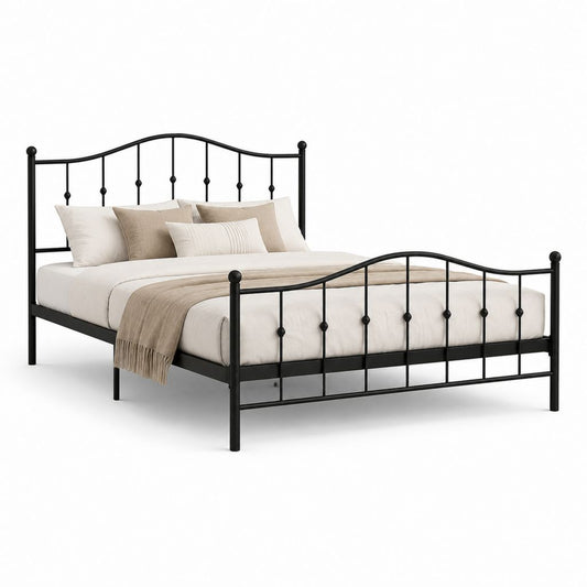 Lit double en acier noir avec tête de lit et pédier courbes, 207 × 166 × 110 cm, filet 160 × 200 cm
