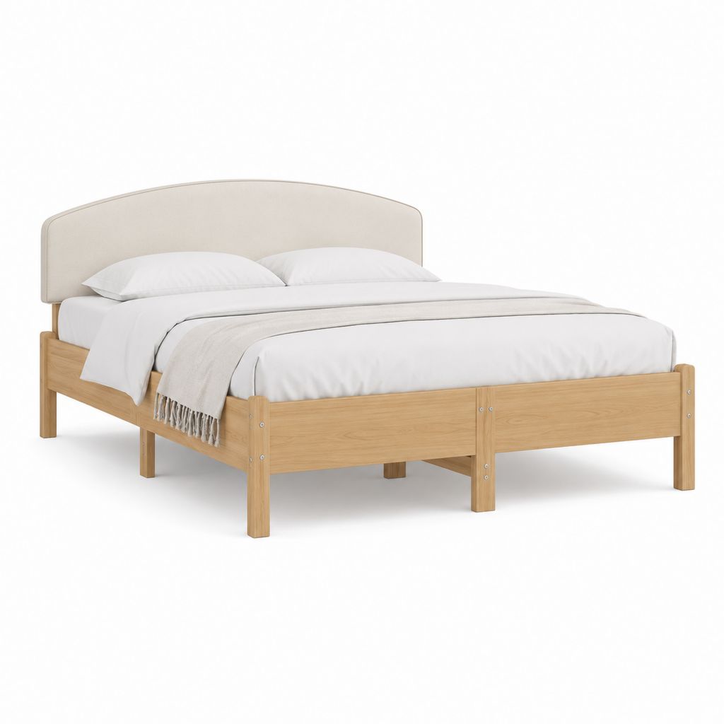 Lit double 180 × 200 cm en bois massif de pin avec tête rembourrée beige, 208 × 188 × 105 cm