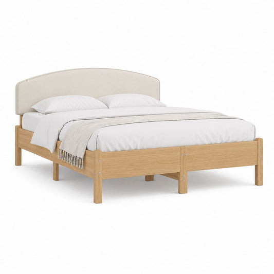 Lit double 180 × 200 cm en bois massif de pin avec tête rembourrée beige, 208 × 188 × 105 cm