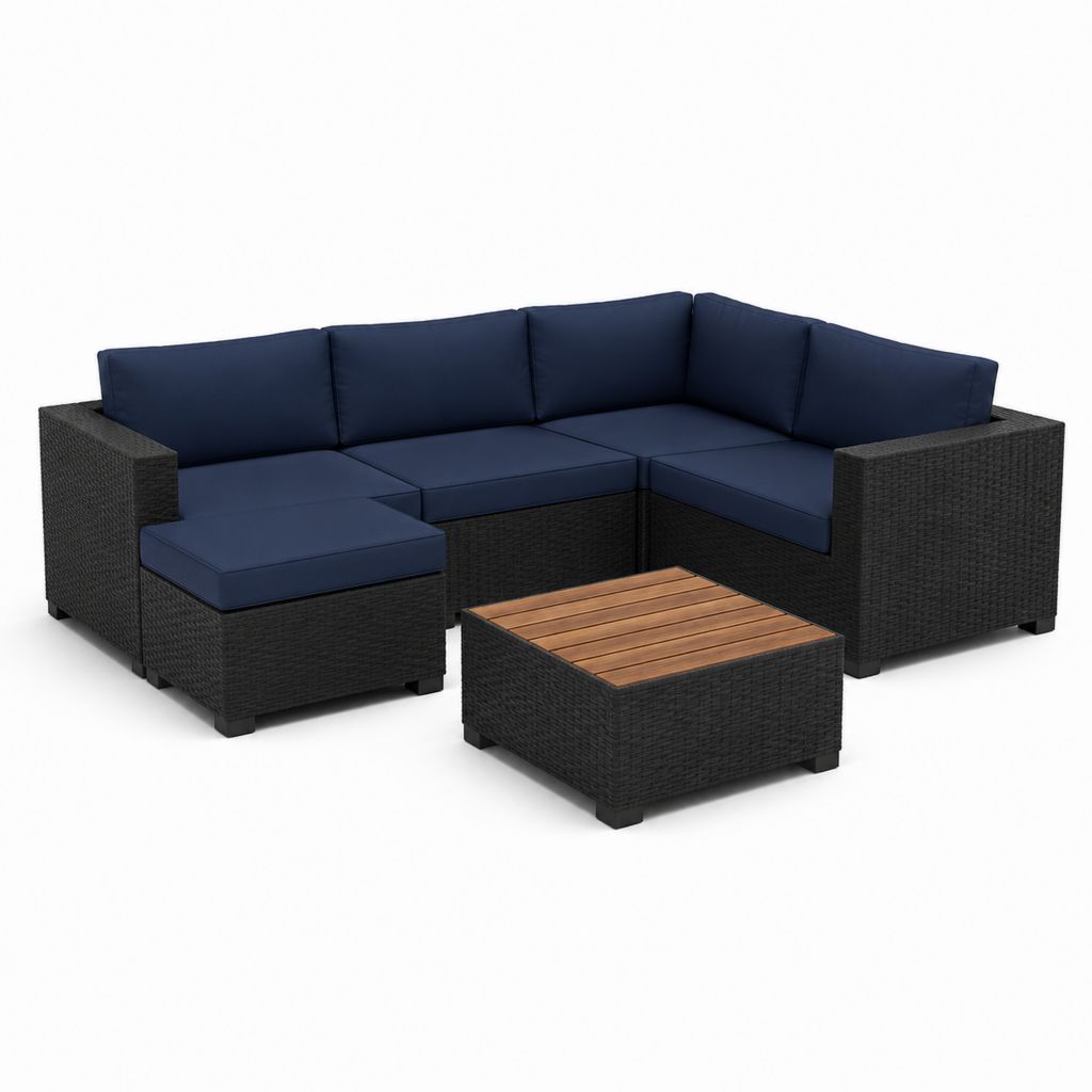 Set salon de jardin angulaire 6 pièces en résine tressée PE noir avec coussins bleu marine et table basse en bois, 209 × 209 × 73 cm