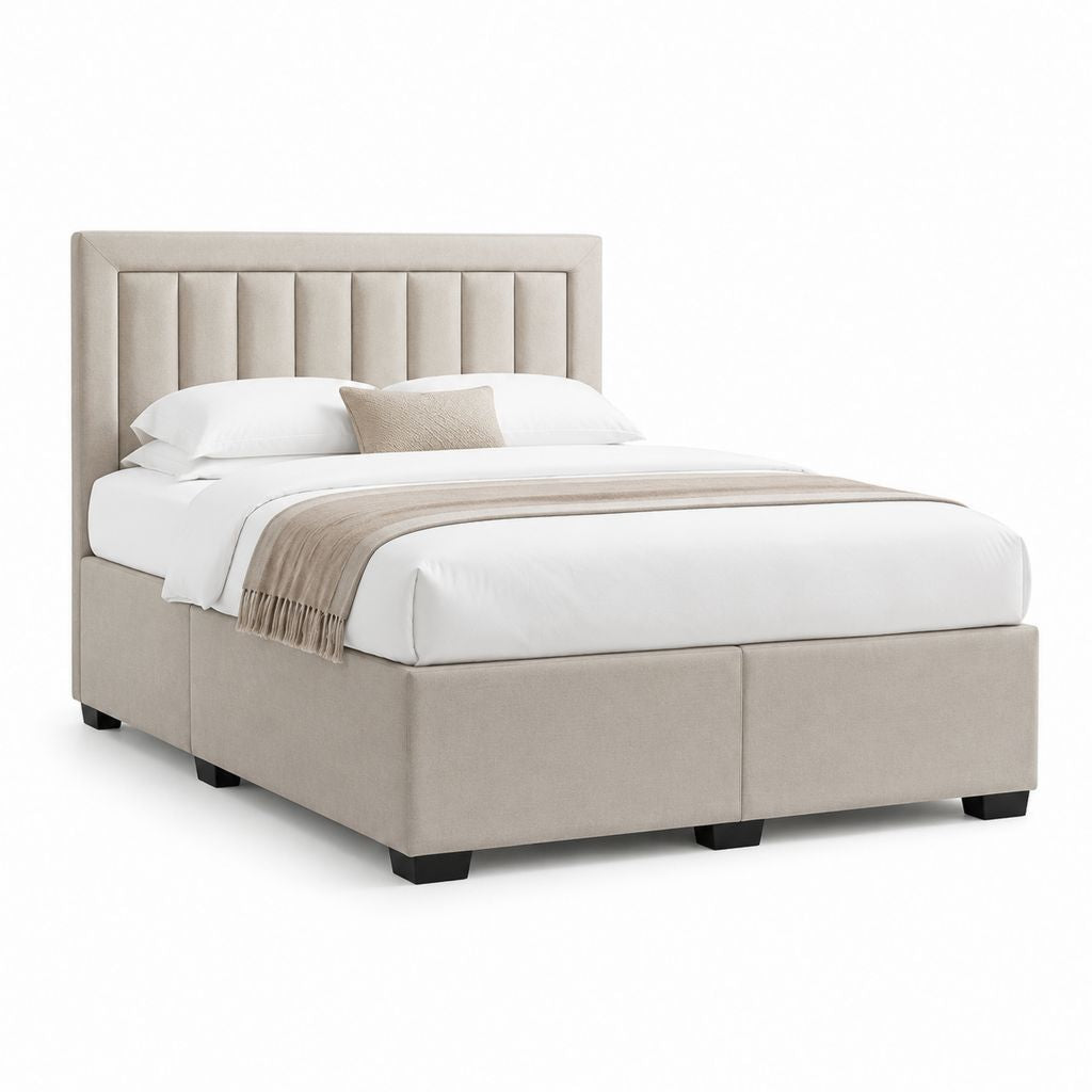 Lit double rembourré en tissu beige avec tête de lit, 172 × 215 × 120 cm, filet 160 × 200 cm