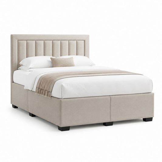Lit double rembourré en tissu beige avec tête de lit, 172 × 215 × 120 cm, filet 160 × 200 cm