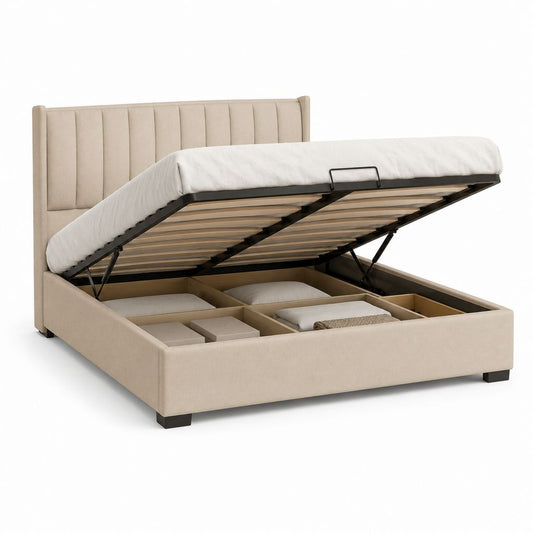 Lit double récipient beige 215 × 173 × 112 cm, surface de repos 160 × 200 cm, revêtement en tissu et filet à lattes en bois